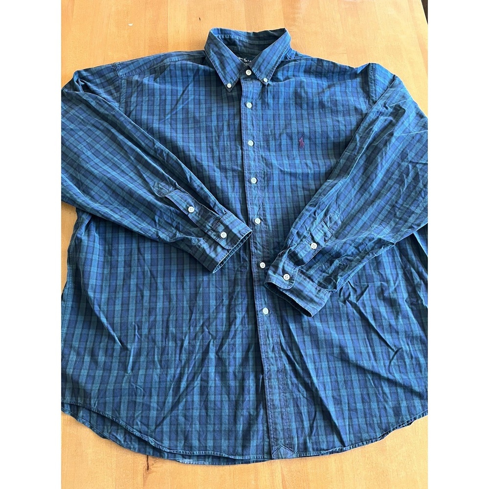 Ralph Lauren Shirt Mens XXL Blue Green Plaid Blake Long Sleeve Button-Up Classic